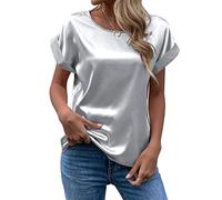 FAWHEWX Seidenhemd Damen Kurzarm Rundhals Satin Hemd Lose Tunika Tops Sommer Frauen Elegant Rundhals Kurzarm Satin Seidenhemd T-Shirt Oberteil(Grau/S)