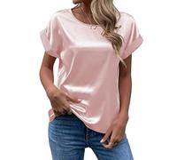 FAWHEWX Seidenhemd Damen Kurzarm Rundhals Satin Hemd Lose Tunika Tops Sommer Frauen Elegant Rundhals Kurzarm Satin Seidenhemd T-Shirt Oberteil(Rosa/L)