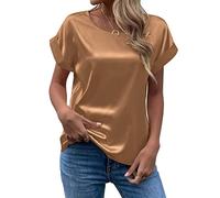 FAWHEWX Seidenhemd Damen Kurzarm Rundhals Satin Hemd Lose Tunika Tops Sommer Frauen Elegant Rundhals Kurzarm Satin Seidenhemd T-Shirt Oberteil(Khaki/L)