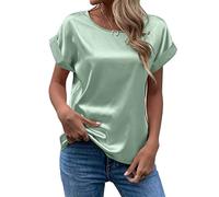 FAWHEWX Seidenhemd Damen Kurzarm Rundhals Satin Hemd Lose Tunika Tops Sommer Frauen Elegant Rundhals Kurzarm Satin Seidenhemd T-Shirt Oberteil(Grün/2XL)