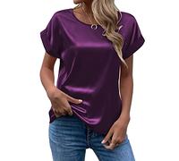 FAWHEWX Seidenhemd Damen Kurzarm Rundhals Satin Hemd Lose Tunika Tops Sommer Frauen Elegant Rundhals Kurzarm Satin Seidenhemd T-Shirt Oberteil(Lila/S)