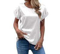FAWHEWX Seidenhemd Damen Kurzarm Rundhals Satin Hemd Lose Tunika Tops Sommer Frauen Elegant Rundhals Kurzarm Satin Seidenhemd T-Shirt Oberteil(Weiß/L)