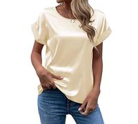 FAWHEWX Seidenhemd Damen Kurzarm Rundhals Satin Hemd Lose Tunika Tops Sommer Frauen Elegant Rundhals Kurzarm Satin Seidenhemd T-Shirt Oberteil(Aprikose/M)