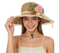 Faxianther Damen Strohhut mit Blumen Breite Krempe Sommerhut Sonnenhut Strandhut Faltbarer Sonnenschutz Fischerhut Frauen Sonnenhüte für Reise Urlaub Strand (Braun)