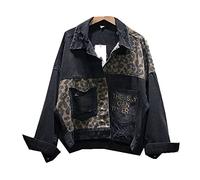 FBYDLL Damen Jeansjacke Mit Stickerei - Leopard Patchwork Cropped Crop Damen Jeans Outwear, Hip Hop Loose Utility Basic Tops Lässige Stretch-Passform, Waschung Klassisch Mode S - XL,Schwarz,L