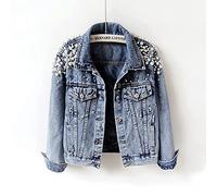 FBYDLL Damen Lose Jeansjacke Herbst Girljean Jacken Perle Casual Cowboy Top, Damen Mantel Langarm Oberbekleidung Plus Größe Winter Outwear S - 2XL,Blau,S