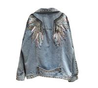 FBYDLL Damen Stickerei Jeansjacke - Federflügel Quaste Nieten Fashion Streetwear Jeans Outwear, Ethnischer Stil Lässige Allgleiches Langarm Tops Mantel, Herbst Cowboy Tops Mantel Für Blau,Einhe
