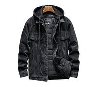 FBYDLL Herren Gefütterte Jeansjacke - Kapuzen Quilting Winter Sherpa Western Cowboy Mantel, Multi-Pocket Tooling Verdicken Trucker Jeans Outwear, Button Down Langarm Übergröße,Schwarz,XXL
