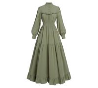 FCCAM Damen Mittelalter Kleid Grün, Viktorianisches Kleid, Baumwolle Langarm, XXL, Midi, Erwachsene Frauen, Grün, XXL