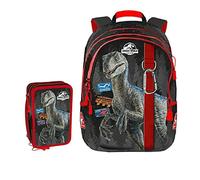 FCP Schulrucksack kompatibel mit Jurassic World rund by Gut Grau Rot + 3 Etagen + Schlüsselanhänger Limited Edition, mehrfarbig, Einheitsgröße