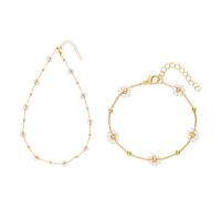 FDEETY 2 Stück Damen Schmuck Set Vintage Bunte Blume Perlen Halskette mit Girly Blume Armband Frisch und Süß Stil（Weiß）