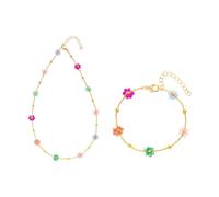FDEETY 2 Stück Damen Schmuck Set Vintage Bunte Blume Perlen Halskette mit Girly Blume Armband Frisch und Süß Stil（Buntes）