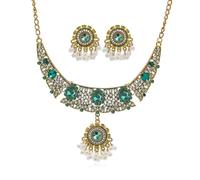 FDEETY 2 Stück Tropfenform Kristall Schmuckset Halskette Ohrringe Perlenbesetzt Antik Indischer Stil Damen Schmuck Goldfarben