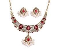 FDEETY 2 Stück Tropfenform Kristall Schmuckset Halskette Ohrringe Perlenbesetzt Antik Indischer Stil Damen Schmuck Goldfarben