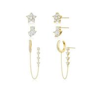 FDEETY 3 Paar Stern Blumen Ohrstecker Ohrringe Set Zirkonia Kette Creolen Damen Schmuck 14k Vergoldet Hypoallergen Wasserfest Elegant
