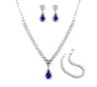 FDEETY 3 Piece Wedding Bridal Jewellery Set Combo Women's Metal with Diamonds Necklace Earrings Bracelet Combo Models Fashion Commuter Light Luxury Style（Saphirblau）