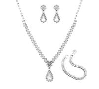 FDEETY 3 Piece Wedding Bridal Jewellery Set Combo Women's Metal with Diamonds Necklace Earrings Bracelet Combo Models Fashion Commuter Light Luxury Style（Silber Weiß）