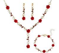 FDEETY 3 Teiliges Schmuckset Rosen Halskette Armband Ohrringe Blumen Schmuck Damen Elegant Hochzeit Abendkleid Accessoires