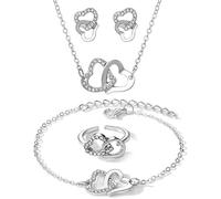 FDEETY 4 Stück Doppelherz Schmuckset Halskette Ohrringe Armband Ring Kristall Damen Schmuck Herzanhänger Hochwertig Elegant Schmuckkollektion