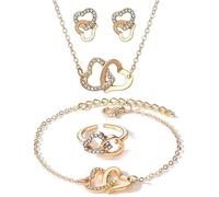 FDEETY 4 Stück Doppelherz Schmuckset Halskette Ohrringe Armband Ring Kristall Damen Schmuck Herzanhänger Hochwertig Elegant Schmuckkollektion