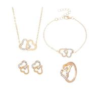 FDEETY 4 Stück Herz Schmuckset Damen Kristall Halskette Ohrringe Armband Ring Elegante Schmuck Kollektion Doppelherz Anhänger Damenschmuck