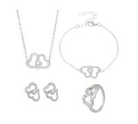 FDEETY 4 Stück Herz Schmuckset Damen Kristall Halskette Ohrringe Armband Ring Elegante Schmuck Kollektion Doppelherz Anhänger Damenschmuck