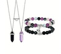 FDEETY 4 Stück Naturstein Paar Schmuckset Magnetisch Anziehend Armband Hexagon Anhänger Halskette Kristall Edelstein Schmuck