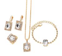 FDEETY 4 Stück Rechteckig Kristall Schmuckset Halskette Armband Ohrringe Ring Damen Elegante Schmuck Kollektion Hochwertige Juwelengarnitur