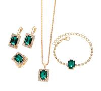 FDEETY 4 Stück Rechteckig Kristall Schmuckset Halskette Armband Ohrringe Ring Damen Elegante Schmuck Kollektion Hochwertige Juwelengarnitur