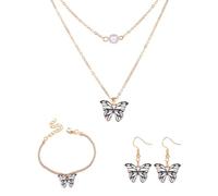 FDEETY 4 Stück Schmetterling Schmuckset Damen Halskette Ohrringe Armband Perle Anhänger Mehrschichtige Kette Schmetterlingsmuster Juwelenkollektion Damenschmuck