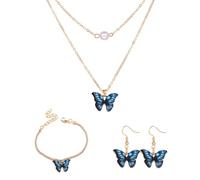 FDEETY 4 Stück Schmetterling Schmuckset Damen Halskette Ohrringe Armband Perle Anhänger Mehrschichtige Kette Schmetterlingsmuster Juwelenkollektion Damenschmuck