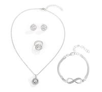 FDEETY 4 Stück Schmuckset Rund Kristall Anhänger Halskette Ohrringe Ring Infinity Armband Damen Schmuck Klassisch Elegant Zeitlos