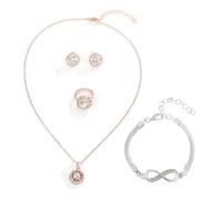 FDEETY 4 Stück Schmuckset Rund Kristall Anhänger Halskette Ohrringe Ring Infinity Armband Damen Schmuck Klassisch Elegant Zeitlos