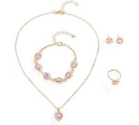 FDEETY 4PCS Schmuckset Anhänger Zirkonia Halskette Ohrringe Herz Armband und Ringe Schmuck Set für Freundin Weihnachten Valentinstag Muttertags für Damen Mädchen