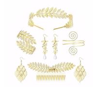 FDEETY 6 Stück Blatt Schmuckset Haarreif Armband Ohrringe Brautschmuck Hochzeit Damen Accessoires Eleganter Kopfschmuck Goldfarben
