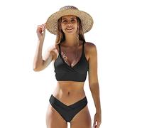FDEETY Bikini Damen Große Brüste Bauchweg Badeanzug Push Up Sexy V Ausschnitt Sport Bikini-Sets für Damen Bademode Zweiteilige Schwimmanzug（Schwarz/XL
