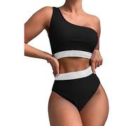 FDEETY Bikini Damen Set Oneshoulder Asymmetrisch Bikiniset Highwaist Zweiteilig Badebekleidung Kontrastfarben Badeanzug Tankini Triangle Swimwear Swimsuit