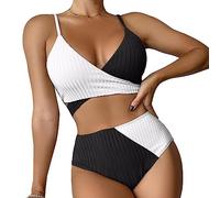 FDEETY Bikini Damen Set Zweifarbig Wickeldesign Highwaist Bikiniset Gerippter Stoff Badebekleidung Triangle Push up Badeanzug Swimwear Tankini Bademode