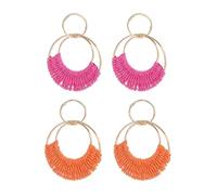 FDEETY Bohemian Raffia Hoop Ohrringe - Runde Hand gefertigte Stroh Wicker Rattan Ohrringe (Rosa + Orange)