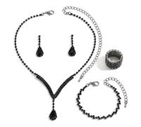 FDEETY Brautschmuck Set Hochzeit Kristall Halskette Armband Ohrringe Ring Abschlussball Brautparty Brautjungfer Schmuckset Verlobung Braut Geschenk für Freundin Mutter Ehefrau(Schwarz)