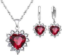 FDEETY Damen Schmuckset Herz Kristall Anhänger Halskette Ohrringe Set für Frauen Mädchen Brautschmuck Set Schmuckset (Rot)