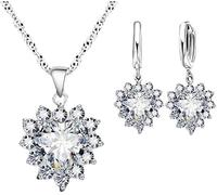 FDEETY Damen Schmuckset Herz Kristall Anhänger Halskette Ohrringe Set für Frauen Mädchen Brautschmuck Set Schmuckset (Weiß)