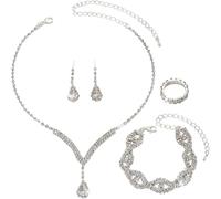 FDEETY Damen Schmuckset Kristall Strass Anhänger Halskette Armreif Ohrring Ringe Set Abschlussball Brautparty Brautjungfer Schmuckset(Weiß)