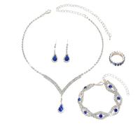 FDEETY Damen Schmuckset Kristall Strass Anhänger Halskette Armreif Ohrring Ringe Set Abschlussball Brautparty Brautjungfer Schmuckset(Saphirblau)