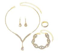 FDEETY Damen Schmuckset Kristall Strass Anhänger Halskette Armreif Ohrring Ringe Set Abschlussball Brautparty Brautjungfer Schmuckset(Gold)