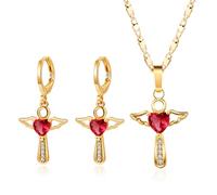 FDEETY Engelsflügel Kreuz Schmuckset Halskette Ohrringe Herz Kristall Anhänger Goldfarben Kette Damen Schmuck Elegant Klassisch