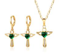 FDEETY Engelsflügel Kreuz Schmuckset Halskette Ohrringe Herz Kristall Anhänger Goldfarben Kette Damen Schmuck Elegant Klassisch
