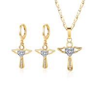 FDEETY Engelsflügel Kreuz Schmuckset Halskette Ohrringe Herz Kristall Anhänger Goldfarben Kette Damen Schmuck Elegant Klassisch