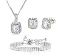 FDEETY Schmucksets Hochzeit Strass Halskette Ohrringe Armbänder Sets Zirkonia Schmuckset Abschlussball Brautparty Brautjungfer Für Damen (Silber)