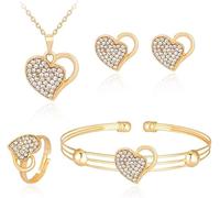 FDEETY Herz Schmuckset Zirkonia Halskette Ohrringe Armband Ring Damen Schmuck Herzanhänger Kristall Glänzend Hochwertig